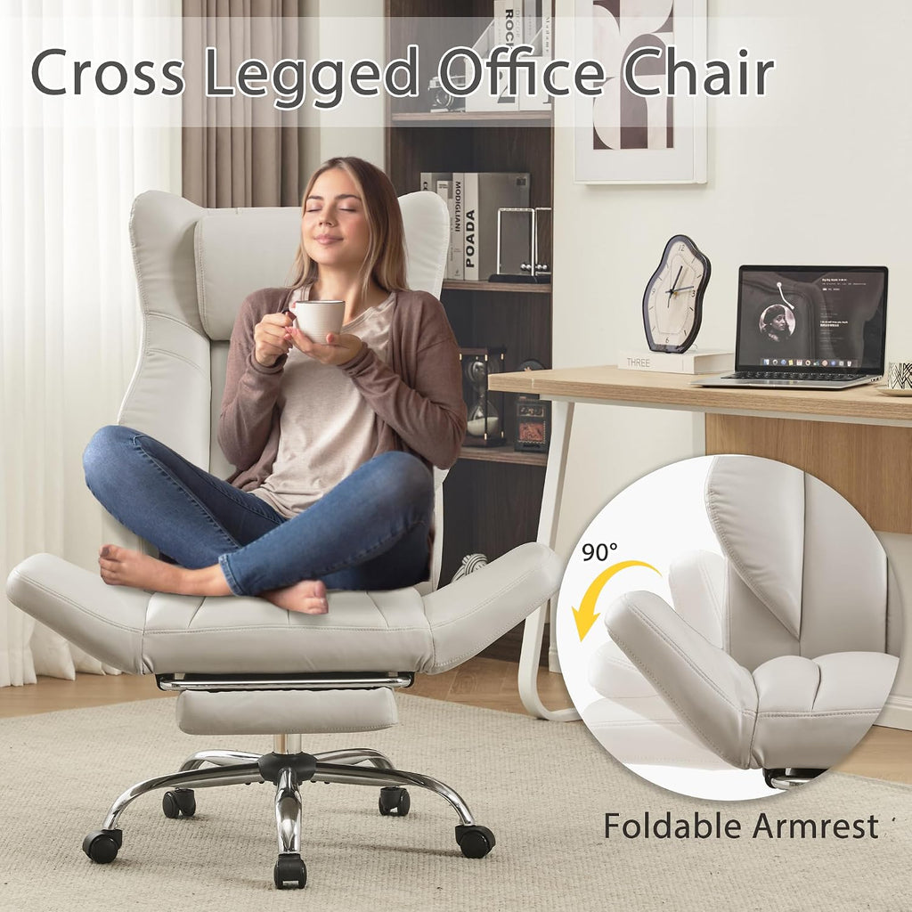 Ergonomic Cross Legged Office Chair with Footrest,Leather Big and Tall Executive Chair with Wheels,Reversible Armrest and Lumbar Pillow,155° Reclining Computer Wide Desk Chair for Home,Office (Beige)