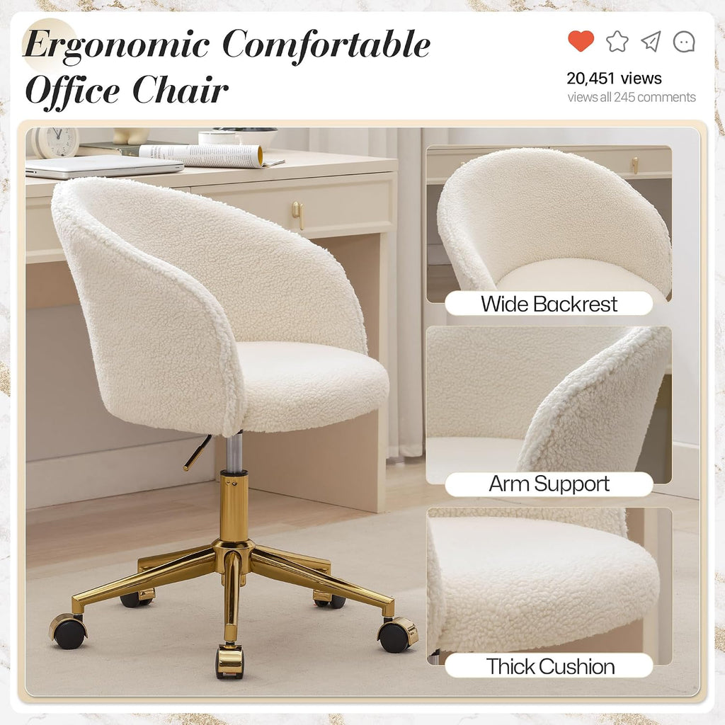 KCC Faux Fur Office Desk Chair, Comfy Fluffy Swivel Modern Leisure Armchair with Wheels, Upholstered Comfy Fuzzy Vanity Makeup Chair Height Adjustable for Teens Women Girls Elegant Home Office