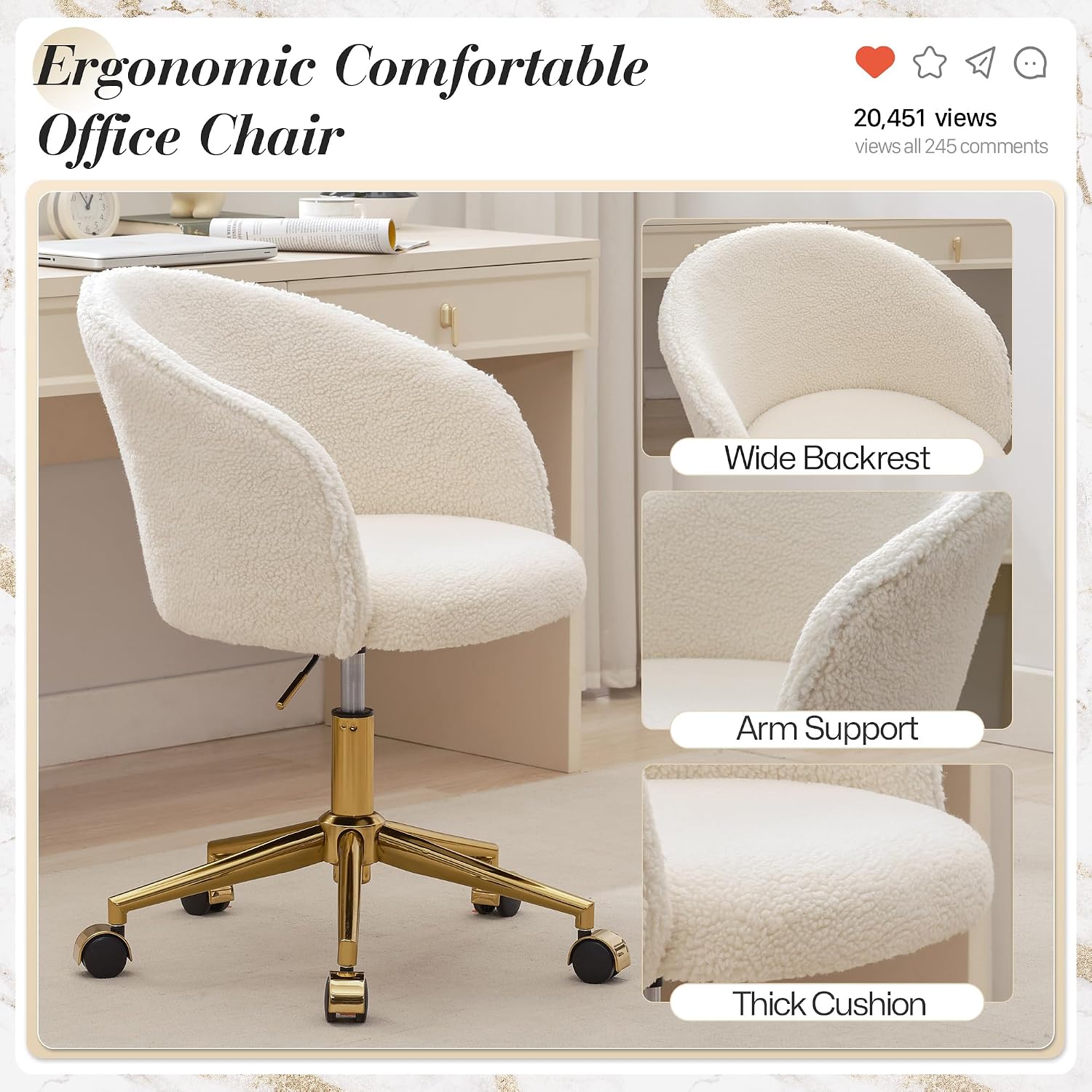 KCC Faux Fur Office Desk Chair, Comfy Fluffy Swivel Modern Leisure Armchair with Wheels, Upholstered Comfy Fuzzy Vanity Makeup Chair Height Adjustable for Teens Women Girls Elegant Home Office