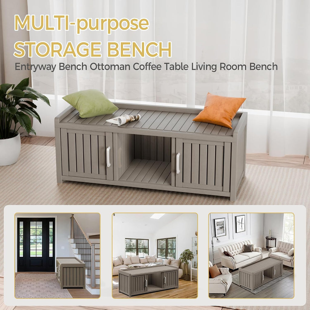 Storage Bench - Waterproof Resin Shoe Bench with Adjustable Shelves - Indoor & Outdoor Use, 2 Doors Entryway Bench with Hidden Storage Space - Storage Cabinet for Bedroom, Hallway, Grey