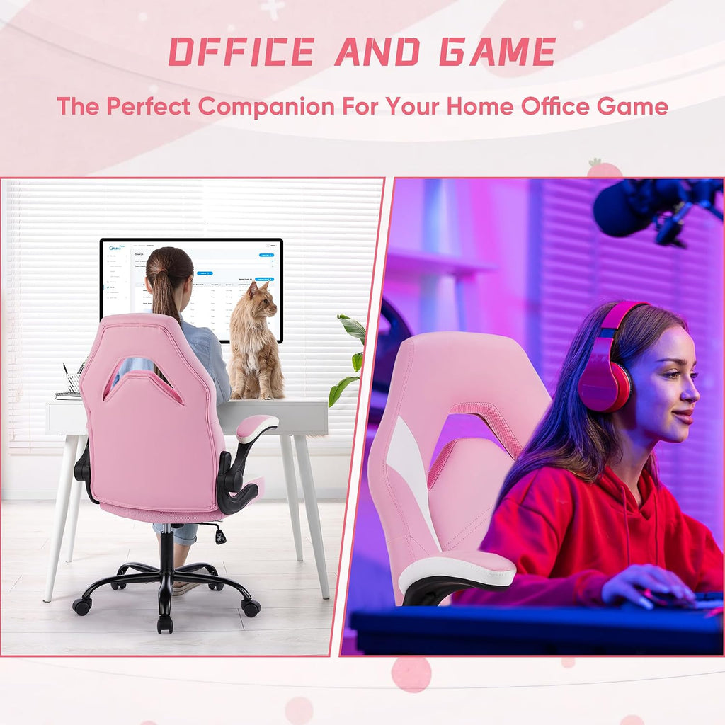 Heavy Duty Gaming Chair Ergonomic Gamer for Home Office with Lumbar Support, Adjustable Backrest, Flip-Up Armrest and Stable 360° Swivel Wheels for Adults, Professional Gamers and Teens, Pink-White