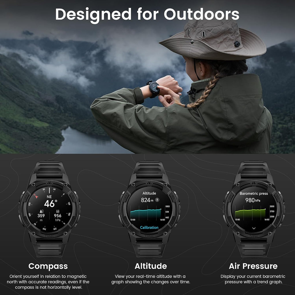 KOSPET Tank S2 Smart Watch for Men Women GPS, 5ATM Waterproof, Pressure/Altitude/Compass, 1.32' AMOLED Display Fitness Tracker(Answer/Make Call), AI Voice Assistant, 24H Sleep/Hear Rate Monitor