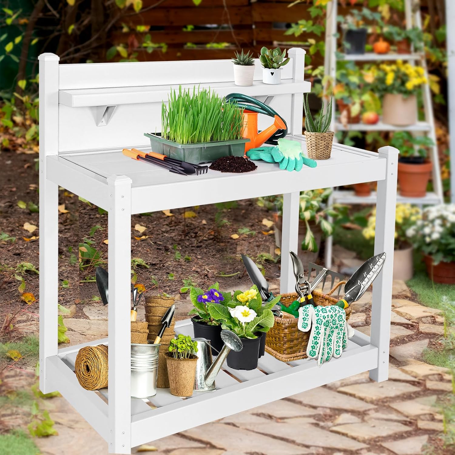 EAGLE PEAK Potting Bench, Weatherproof Vinyl Potting Table for Outdoor & Indoor Use, Easy Clean Garden Workstation with Storage Shelves, White, 40'