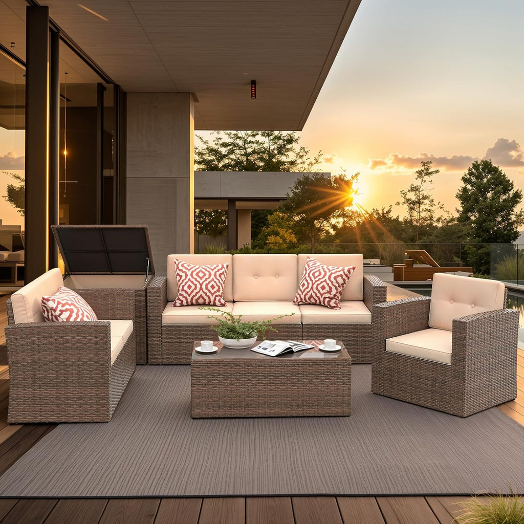 Super Patio 8 Pieces Outdoor Patio Furniture Set, Wicker Patio Conversation Sets with Storage Box, Rattan Outdoor Sectional Sofa Set with Cushions and Coffee Table for Outside Porch, Deck, Brown