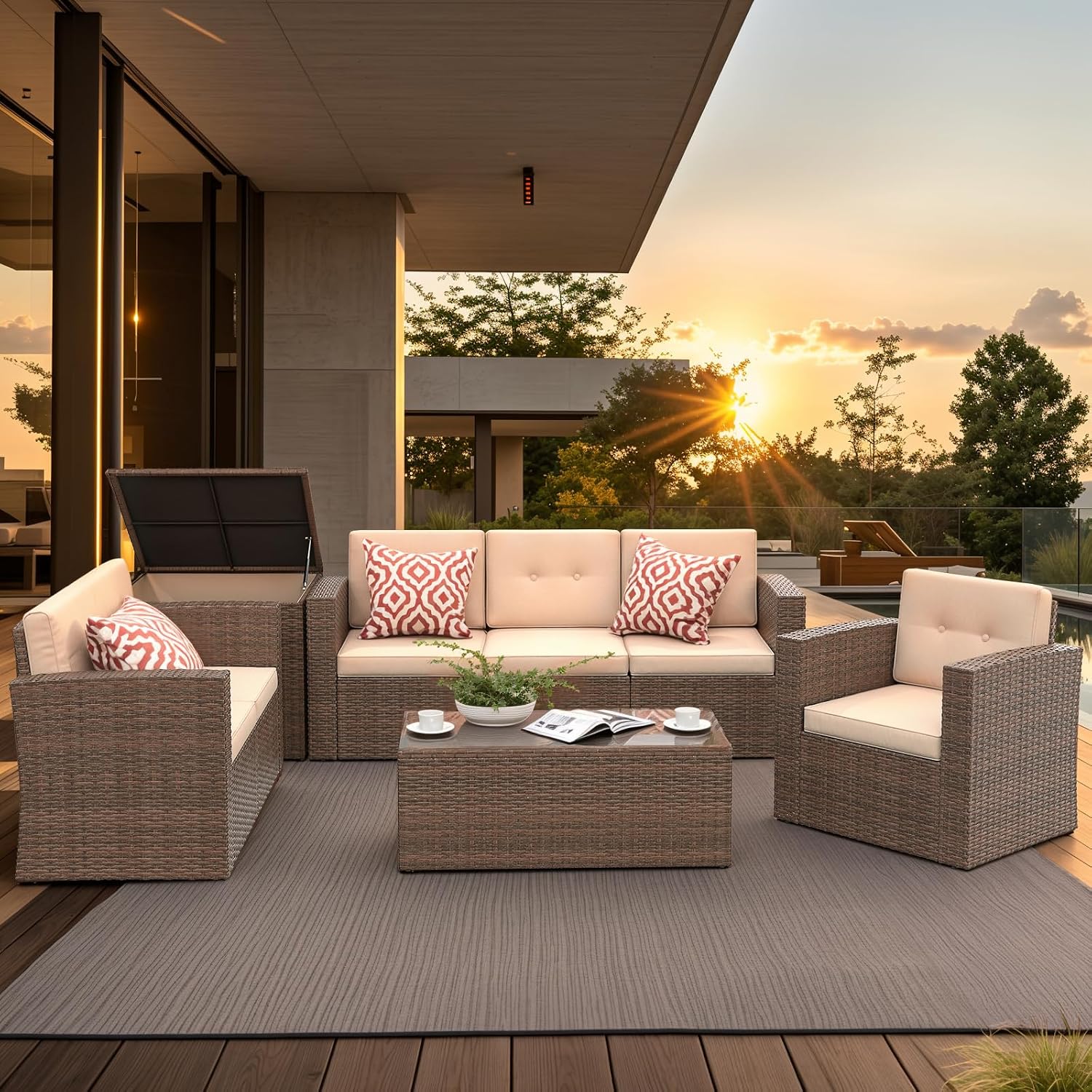 Super Patio 8 Pieces Outdoor Patio Furniture Set, Wicker Patio Conversation Sets with Storage Box, Rattan Outdoor Sectional Sofa Set with Cushions and Coffee Table for Outside Porch, Deck, Brown
