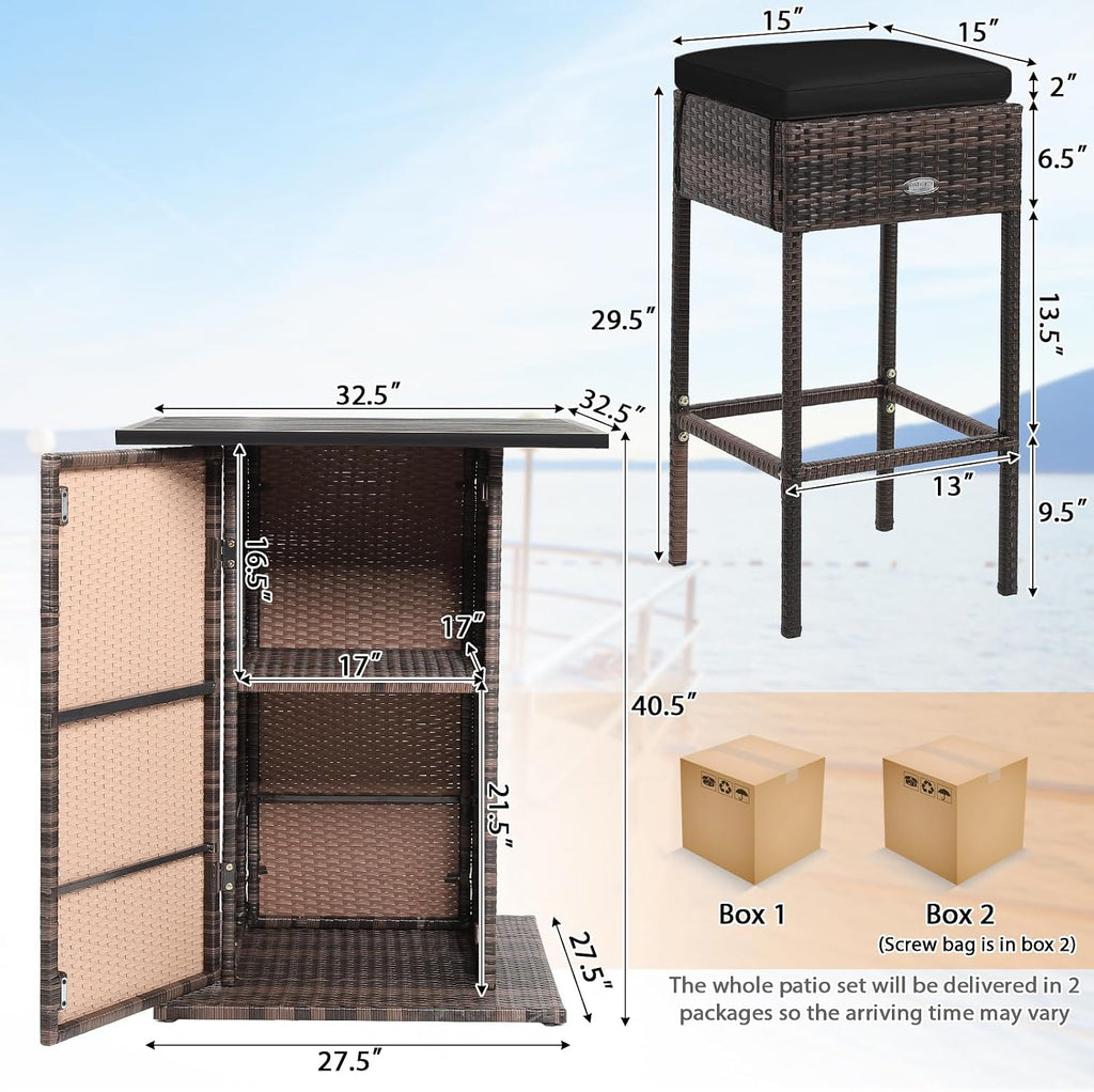Tangkula 5 Piece Outdoor Rattan Bar Set, Patio Bar Furniture with 4 Cushions Stools and Smooth Top Table with Hidden Storage Shelf, Outdoor Conversation Set for Poolside, Backyard, Lawn
