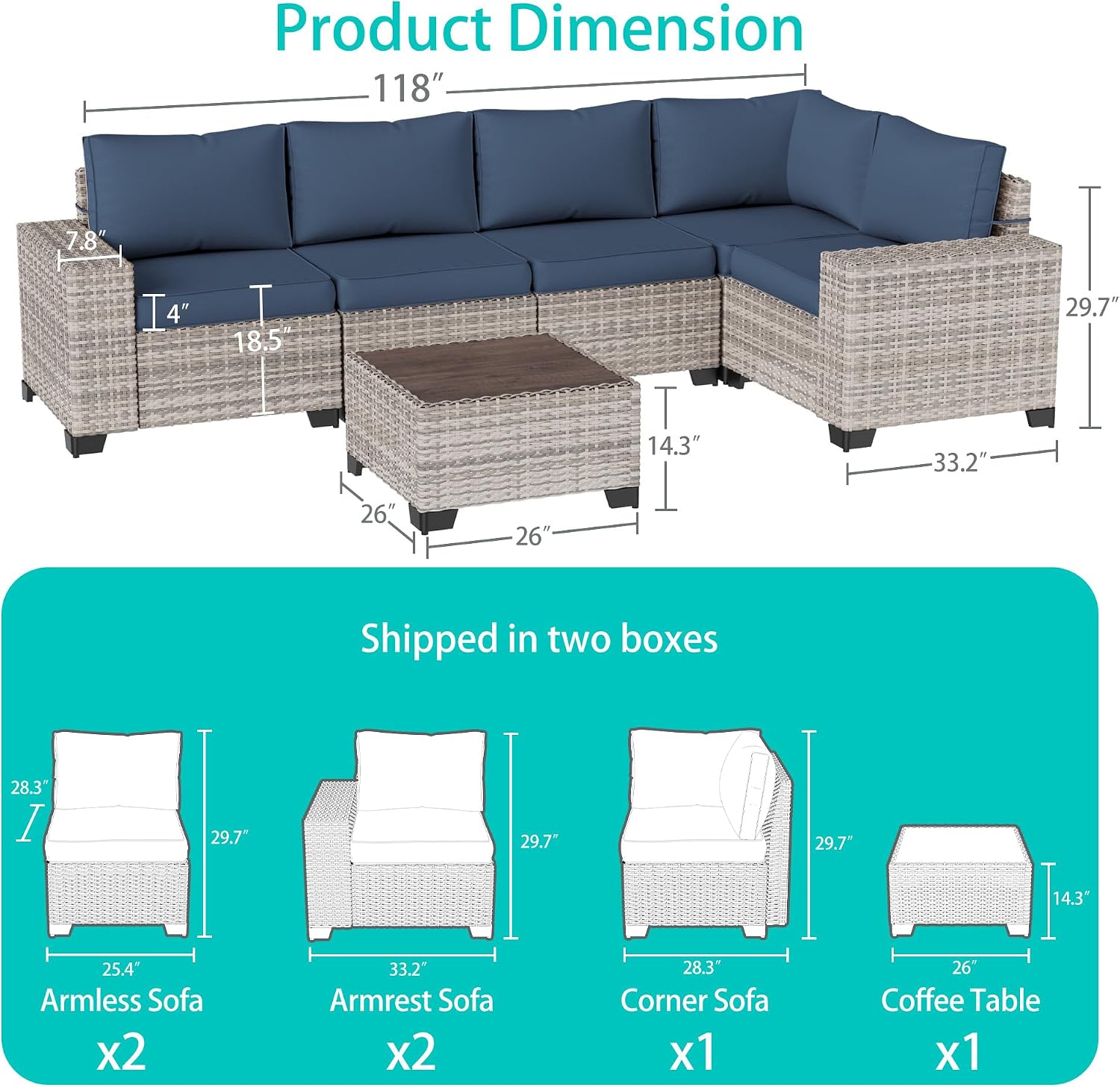 6-Piece Outdoor Patio Furniture Set Wicker Rattan Sectional Sofa Set, Patio Conversation Set with Thickened Cushions & Coffee Table for Garden, Backyard, Navy Blue