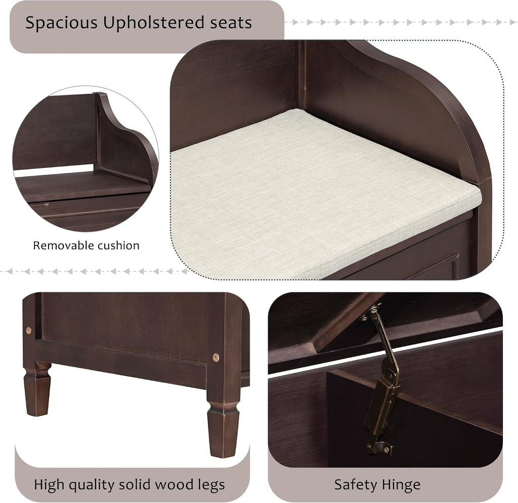 Bellemave Storage Bench with Safety Hinge Wooden Entryway Benches with Shoe Cabinets Under Seat Multifunctional Storage Bench for Entryway, Foyer or a Mudroom (Espresso + Beige)