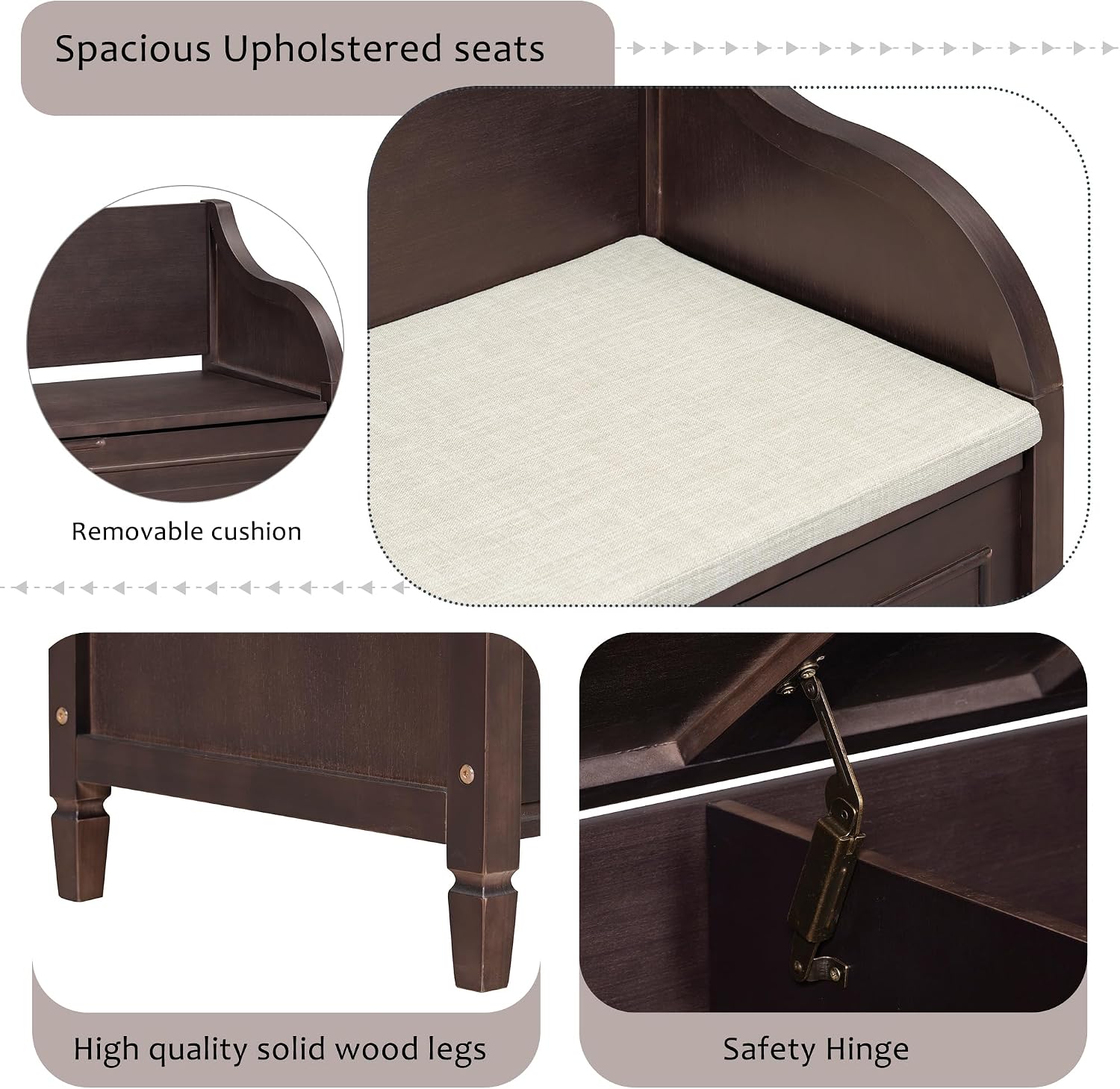Bellemave Storage Bench with Safety Hinge Wooden Entryway Benches with Shoe Cabinets Under Seat Multifunctional Storage Bench for Entryway, Foyer or a Mudroom (Espresso + Beige)