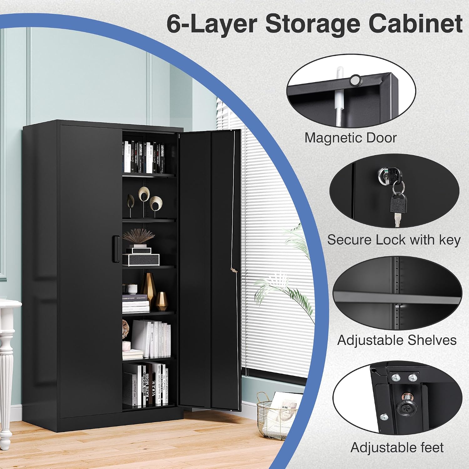 Metal Garage Storage Cabinet,Tall Black Cabinet with Doors and Adjustbale Shelves,Lockable Tool Cabinet for Garage,Basement,Home Office