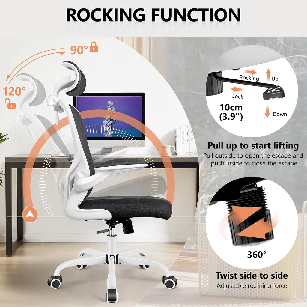 FelixKing Office Chair with Headrest, Ergonomic Desk Chair with Wheels, Task Swivel Comfy Chair with Adjustable Lumbar Support, Breathable Mesh Computer Chair with flip-up Armrests (White)