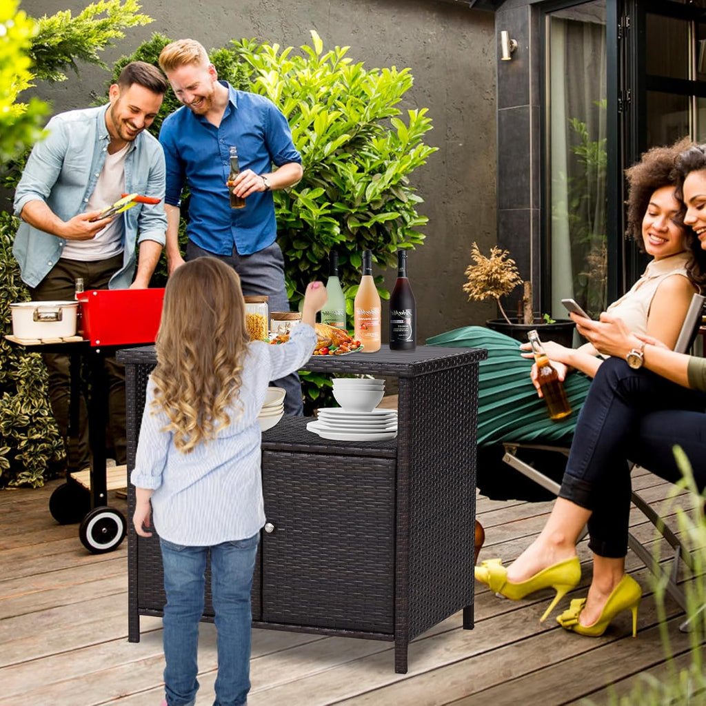 KINTNESS Patio Bar Table with Two Doors and Shelves, Outdoor Wicker Storage Cabinet, Console Table Dining Table with Aluminum Tabletop for Patio Island Home Party Bar (Brown)