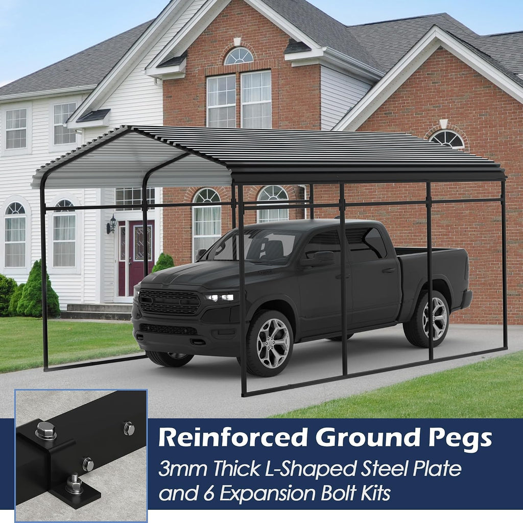 Xilingol Metal Carport, Heavy Duty Carport Canopy with Galvanized Steel Frame and Roof, Outdoor Storage Shed, Car Tent Garage Shelter for Pickup, Truck, Boat and Tractor (10x15 FT Black)