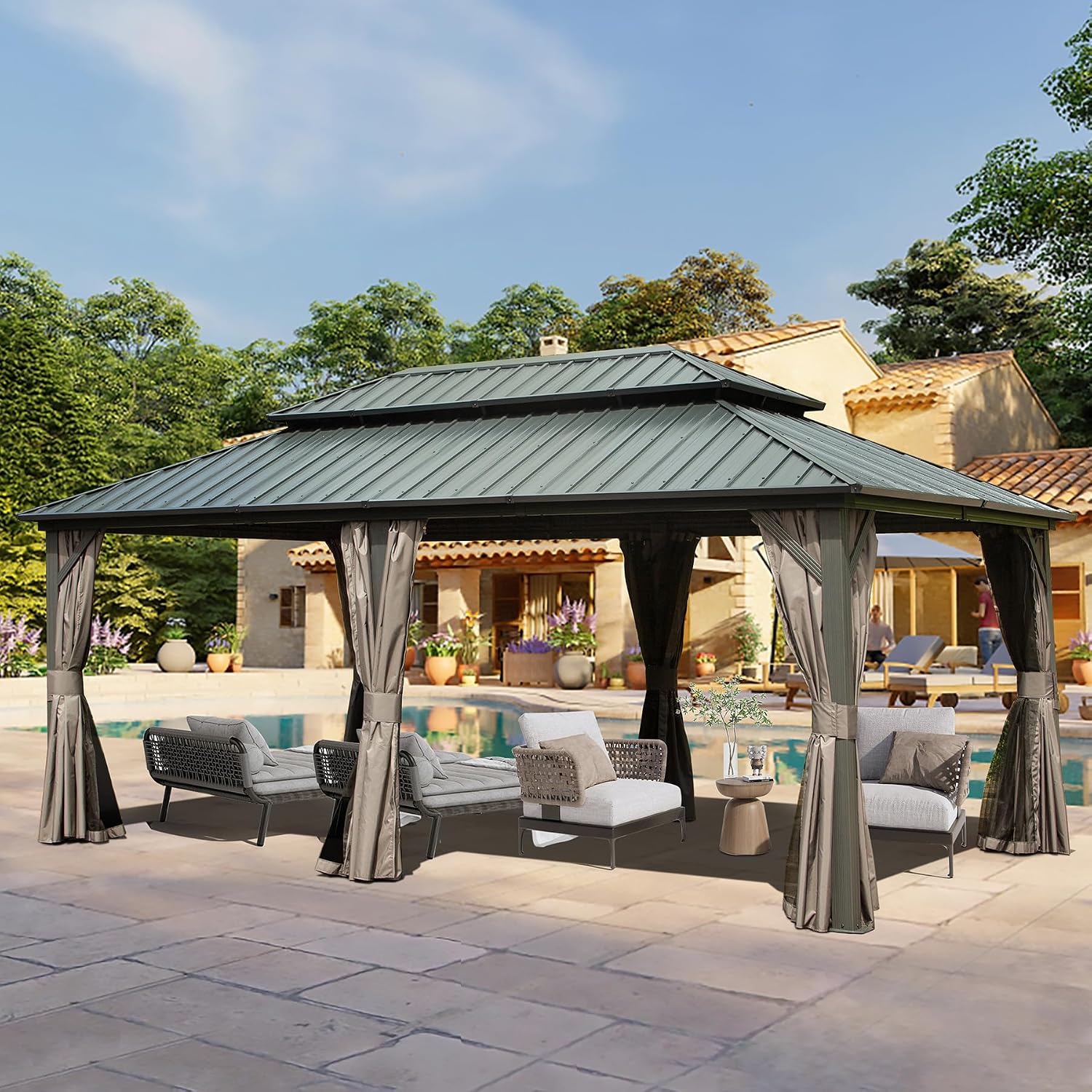 Domi 12x18FT Outdoor Gazebo, Patio Gazebo with Galvanized Steel, Hardtop Gazbo for Patio, Deck, Backyard, Curtain and Netting Included