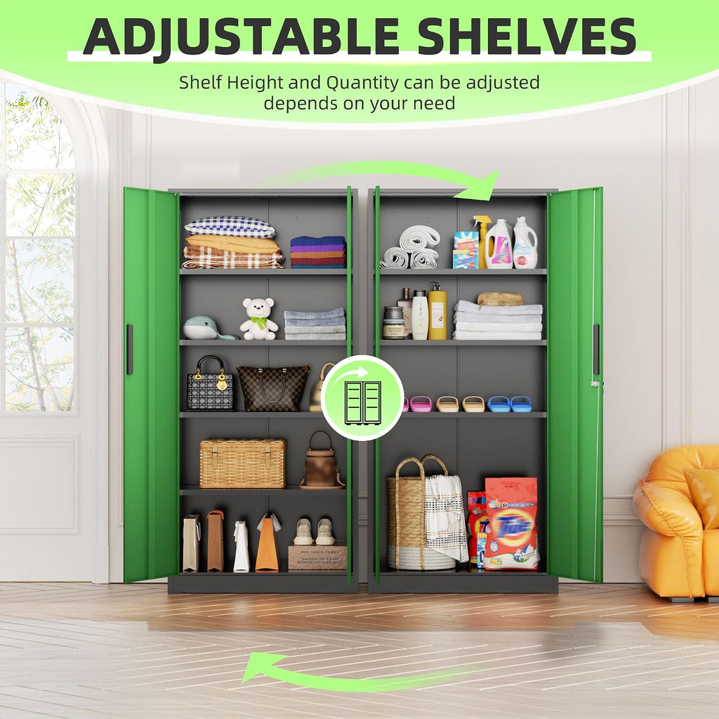 INTERGREAT Metal Storage Cabinet, 72' Locking Steel Cabinets with 2 Door and 4 Adjustable Shelves, Tall Metal Cabinet for Home Office, Garage, Warehouse,(Black+Green)