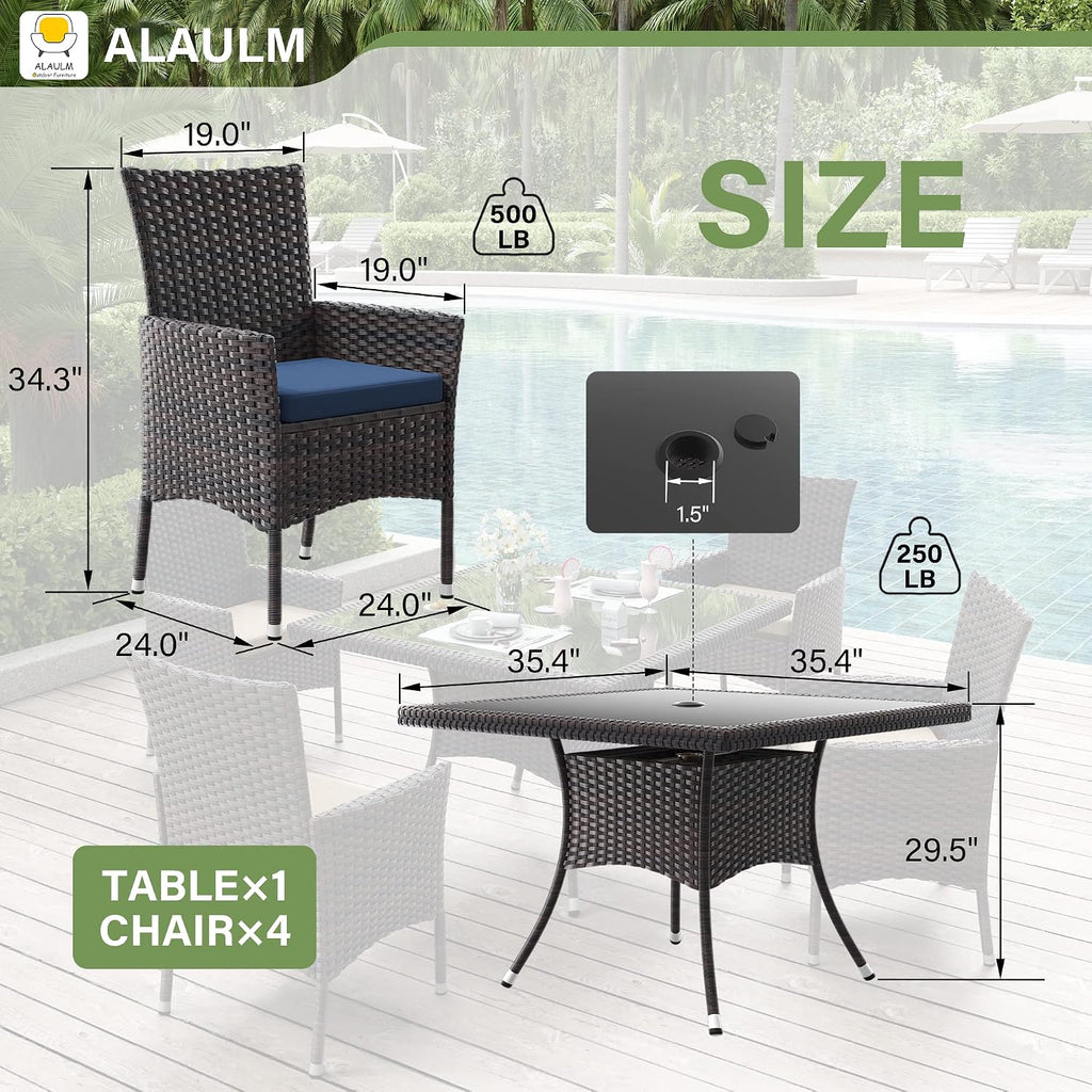 ALAULM 5 Piece Patio Dining Set All-Weather Wicker Outdoor Furniture Set w/Tempered Glass Tabletop, Removable Cushions and Umbrella Hole for Patio, Backyard, Garden, Poolside（Navy）