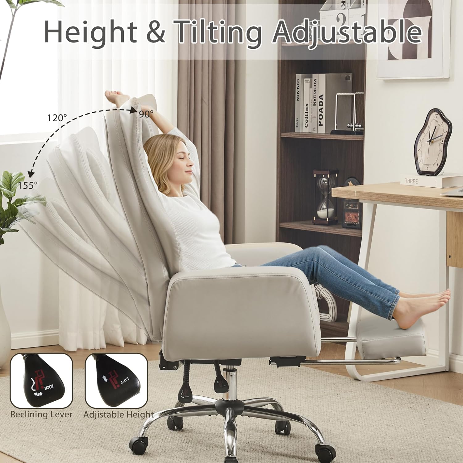 Ergonomic Cross Legged Office Chair with Footrest,Leather Big and Tall Executive Chair with Wheels,Reversible Armrest and Lumbar Pillow,155° Reclining Computer Wide Desk Chair for Home,Office (Beige)