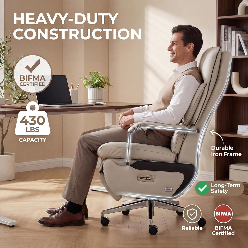 Dual Motor Executive Reclining Office Chair with Footrest – One-Click Electric Recline, Massage Lumbar Support & Pillow, Big and Tall PU Leather Ergonomic Desk Chair for Home Office/Gaming(White)