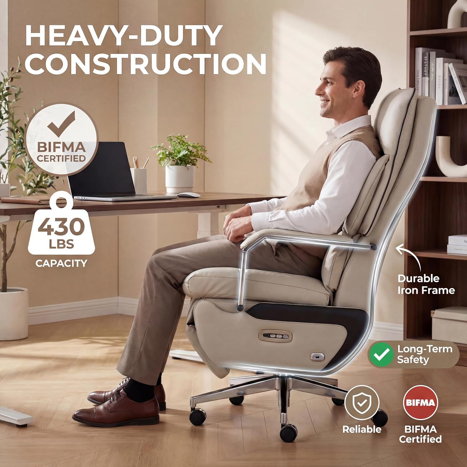 Dual Motor Executive Reclining Office Chair with Footrest – One-Click Electric Recline, Massage Lumbar Support & Pillow, Big and Tall PU Leather Ergonomic Desk Chair for Home Office/Gaming(White)