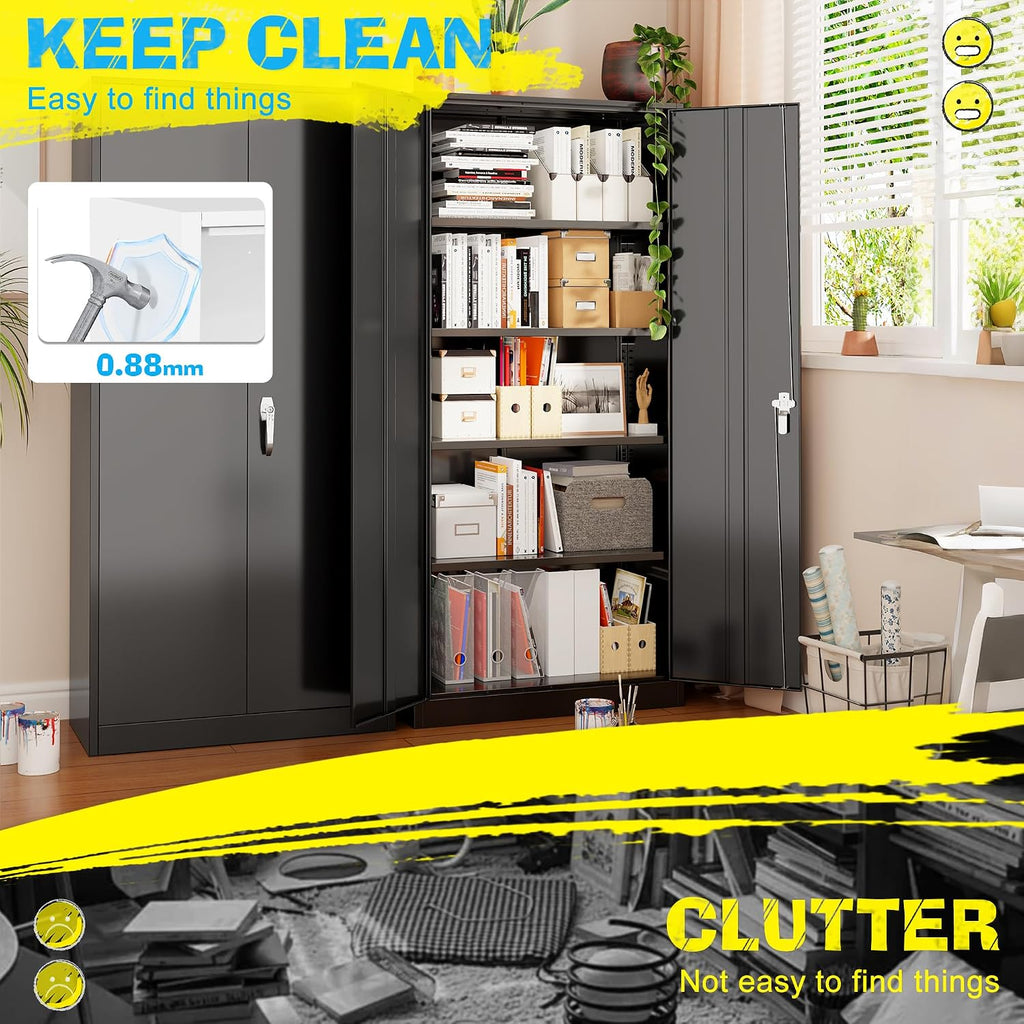 Pataku Metal Storage Cabinet, 72' Garage Cabinet with Doors and Shelves Lockable Steel Multifunctional Cabinets, Black File Cabinets for Home, Office, Garage, Warehouse(Black)