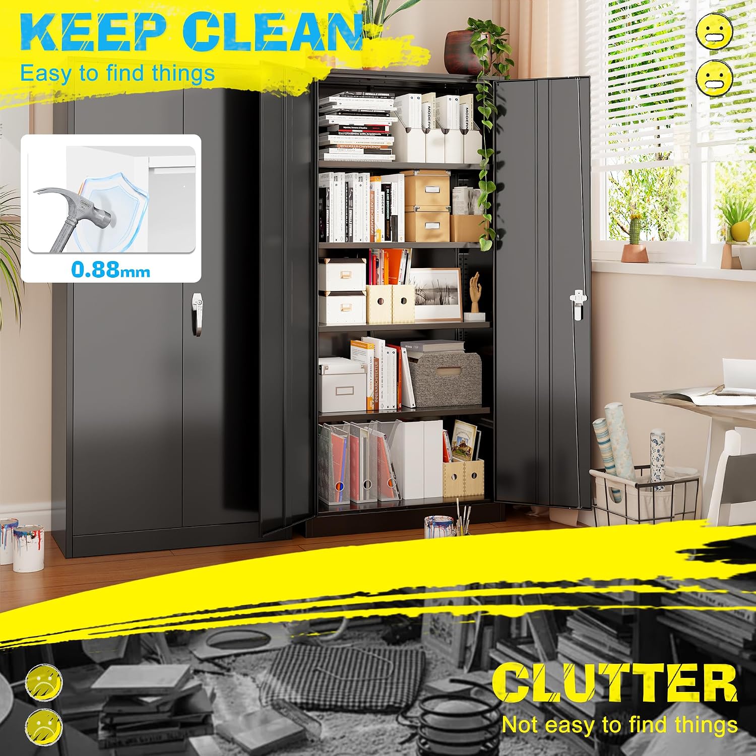 Pataku Metal Storage Cabinet, 72' Garage Cabinet with Doors and Shelves Lockable Steel Multifunctional Cabinets, Black File Cabinets for Home, Office, Garage, Warehouse(Black)