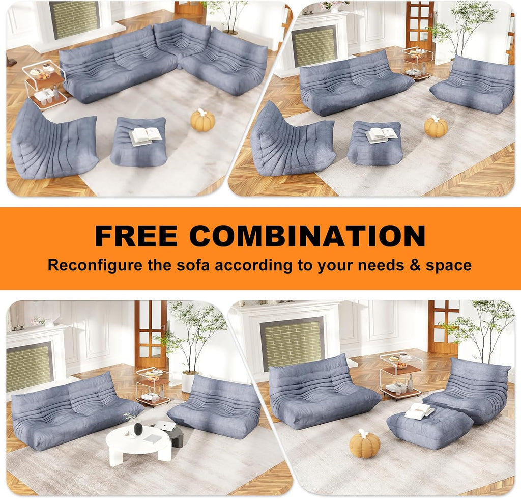 Full Foam Loveseat Sofa,Adults Bean Bag Chairs Floor Couch with Soft Waterproof Fabric,Armless Fireside Lounge Chair for Living Room,Apartment and Office (Grey)