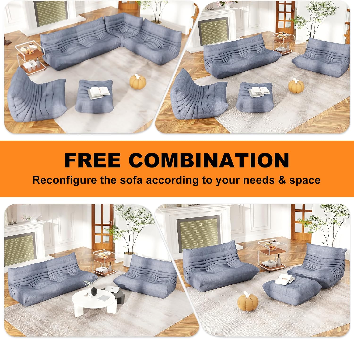 Full Foam Loveseat Sofa,Adults Bean Bag Chairs Floor Couch with Soft Waterproof Fabric,Armless Fireside Lounge Chair for Living Room,Apartment and Office (Grey)