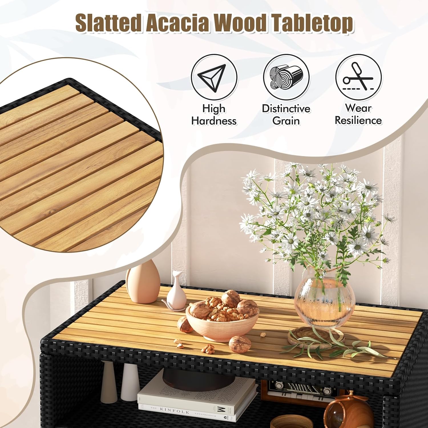 HAPPYGRILL Rattan Storage Cabinet, Patio Sideboard Buffet Cabinet with Acacia Wood Countertop, Open Shelf & 2 Door Cabinet, Wicker Storage Organizer for Garden Tools (Black)