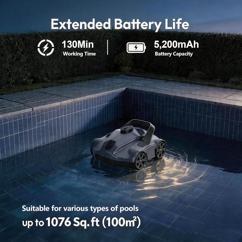 Robotic Pool Vacuum for Above & In-Ground Pools, Smart Cleaning Route, Deep Cleaning Performance, 130-Min Runtime, 3L Sealed Tank, Quiet Operation, Fits Pool up to 1076 sq.ft