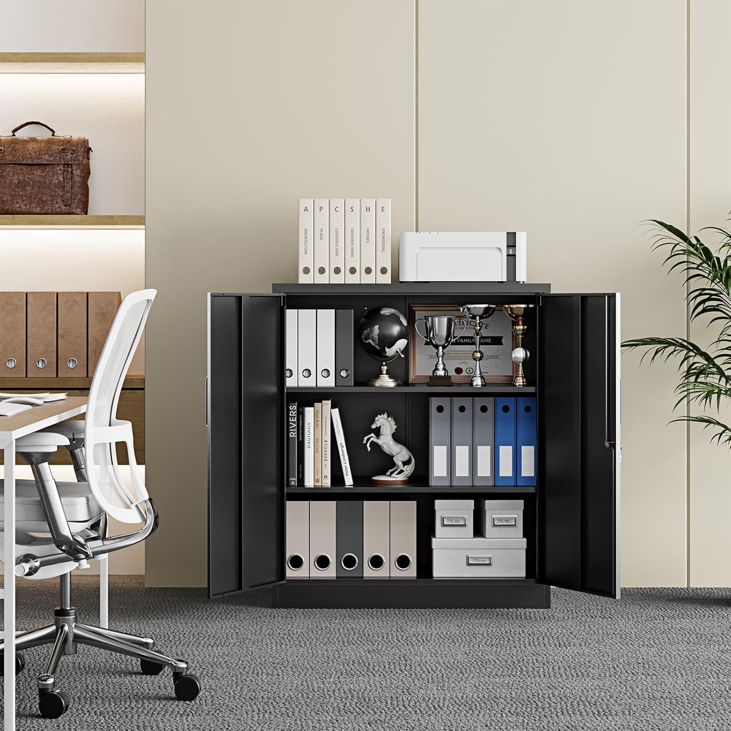 Yizosh Metal Garage Storage Cabinet with 2 Doors and 2 Adjustable Shelves - 35.5' Steel Lockable File Counter Cabinet for Home Office,Garage,Gym,School（Black）
