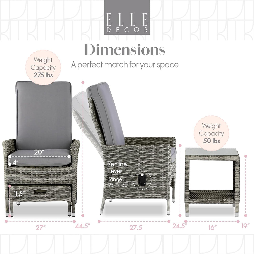 Elle Decor Vallauris Patio Outdoor Furniture Collection Premium All Weather Wicker, 5 Piece Reclining Set, Gray