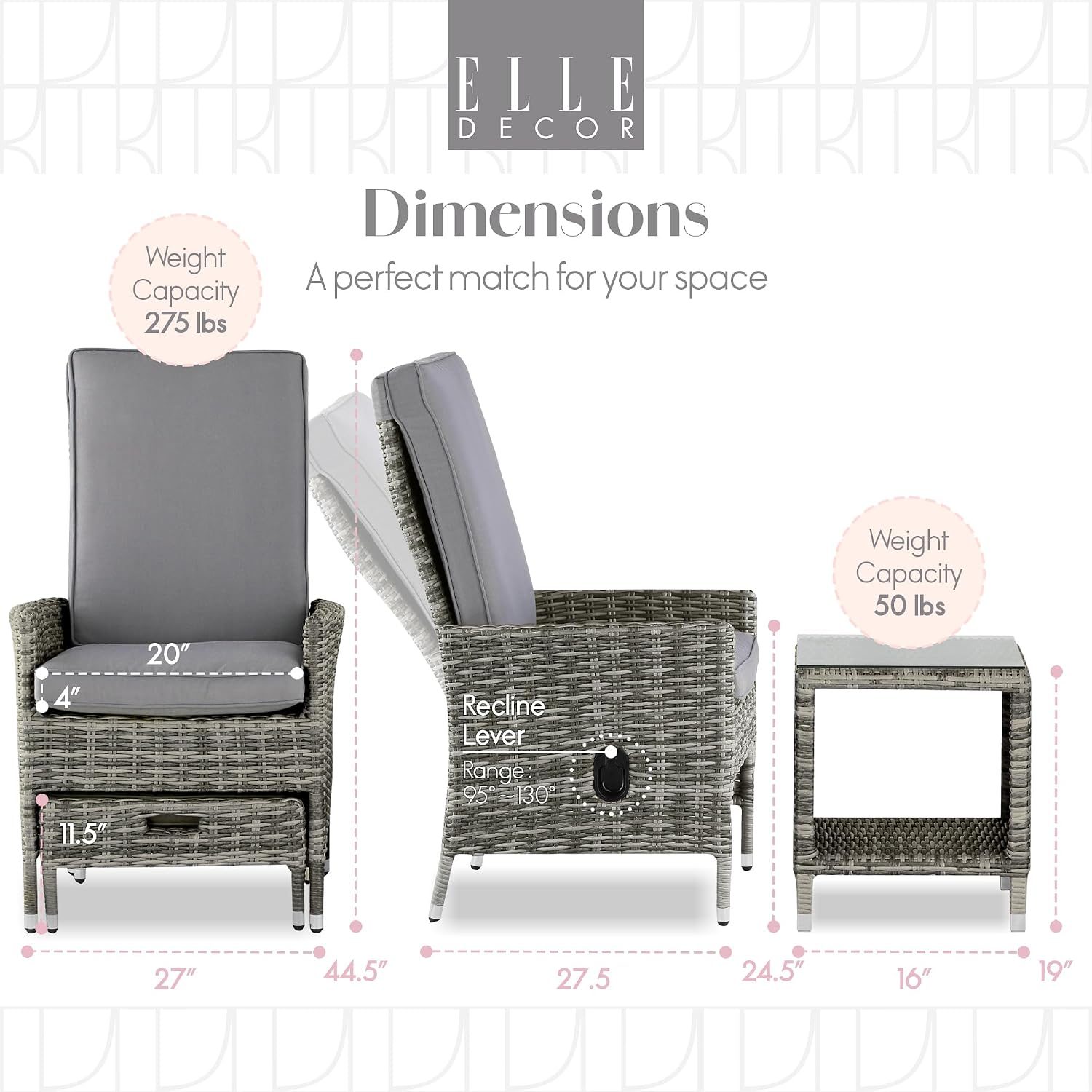 Elle Decor Vallauris Patio Outdoor Furniture Collection Premium All Weather Wicker, 5 Piece Reclining Set, Gray
