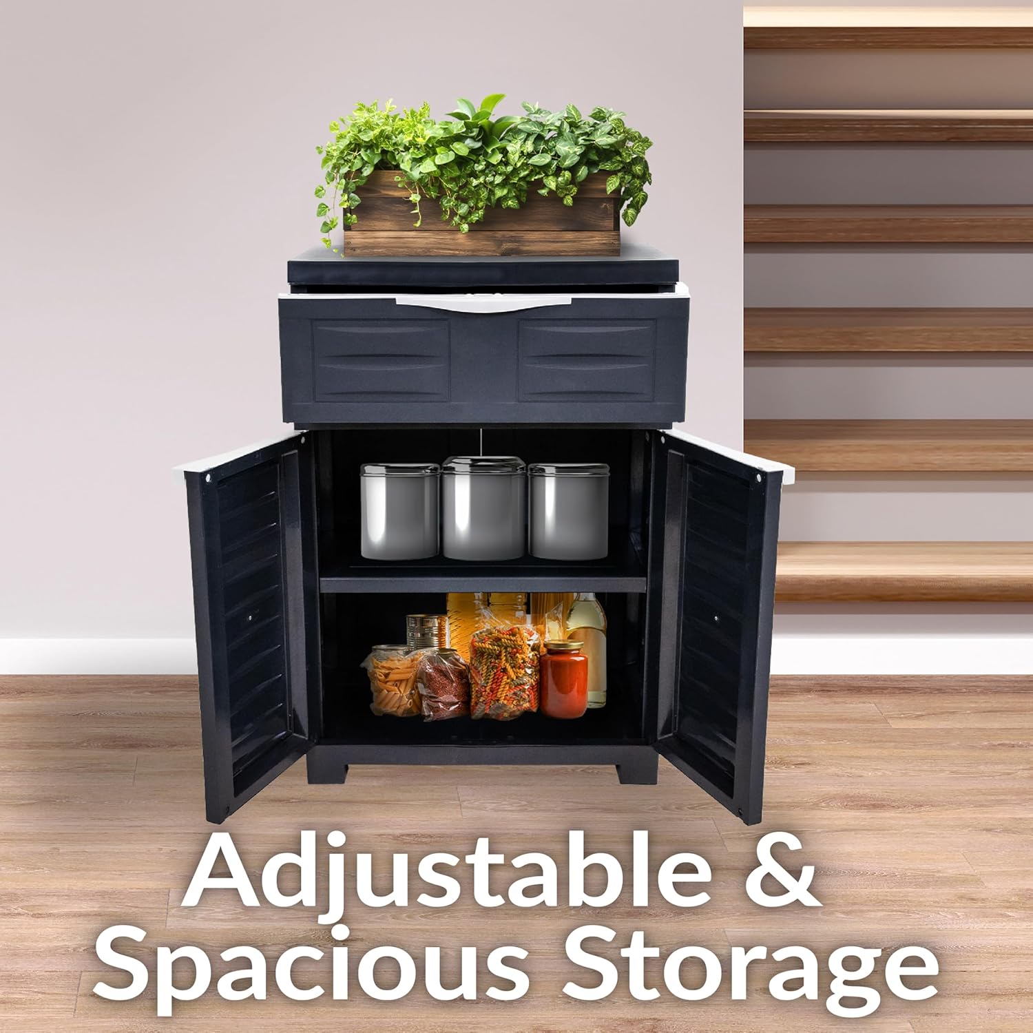 Sunnydaze 34.5' H Resin Garage Storage Cabinet - Garage Cabinet with Adjustable Shelf - Freestanding Utility Storage for Laundry Room, Office, Basement - Charcoal