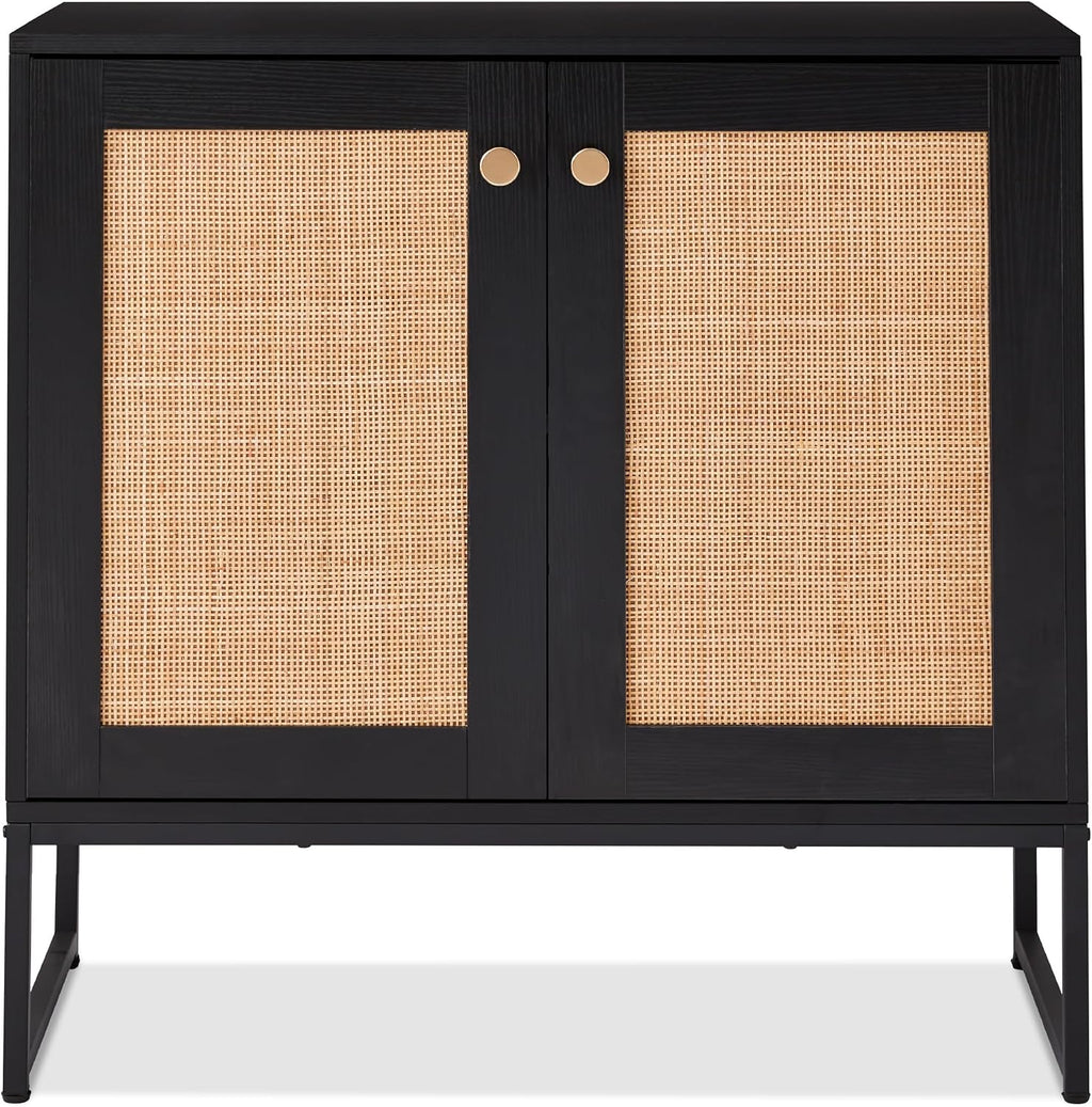 Best Choice Products 2-Door Rattan Storage Cabinet, Accent Furniture, Multifunctional Cupboard for Living Room, Hallway, Kitchen, Sideboard, Buffet Table w/Non-Scratch Foot Pads - Black