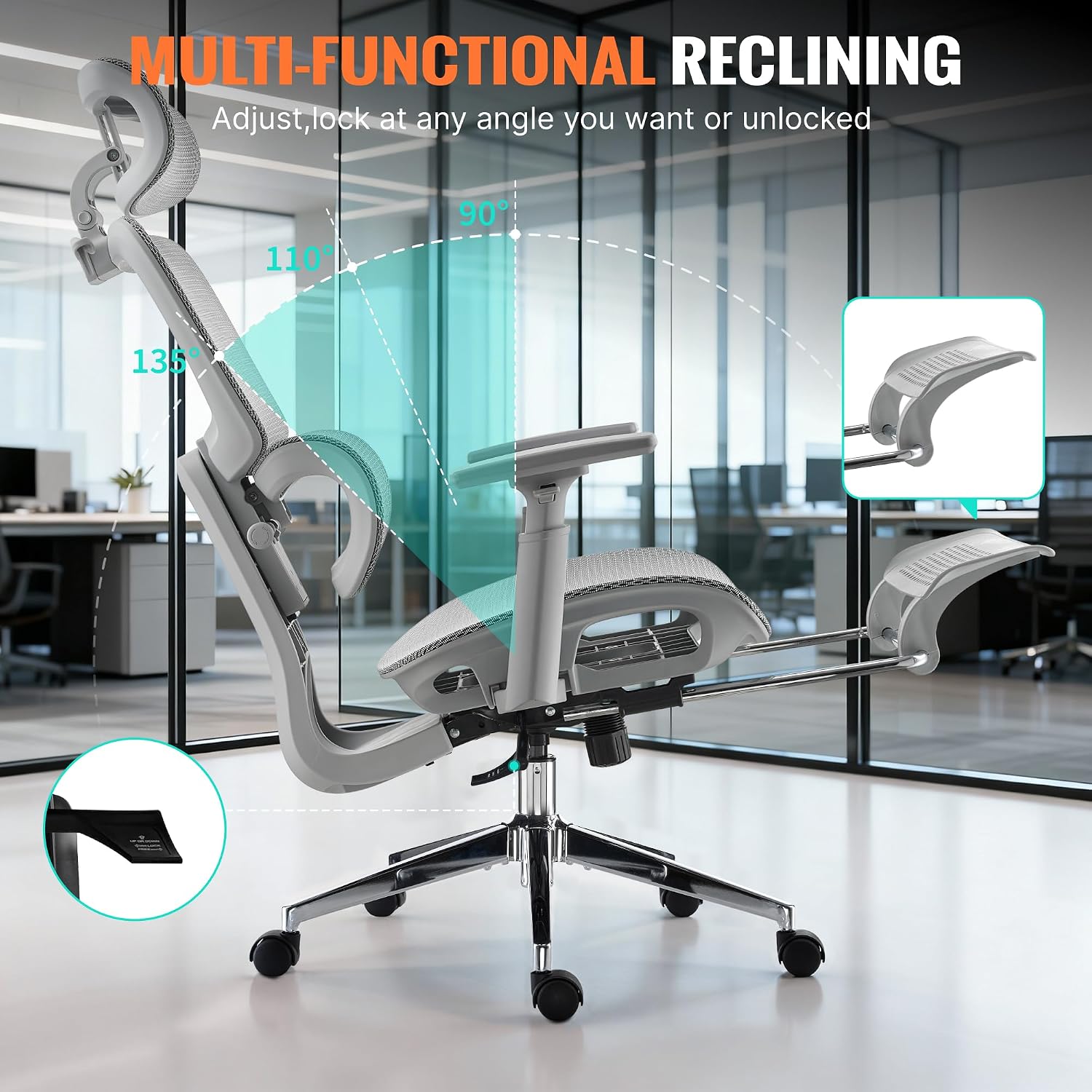 Ergonomic Office Chair, Home Mesh Desk Computer Chair, Comfortable Gaming Chair with Footrest, Wheels, Adjustable 2D Headrest, Lumbar Support, High Back and 3D Armrest, Grey