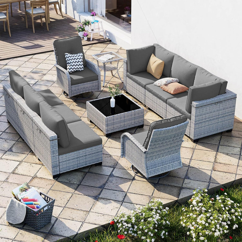10-Piece Patio Furniture Set, Outdoor Patio Furniture with Swivel Chairs Set, Thick Cushions, Modular Patio Sofa, Dual-Strand Wicker Rattan, Rust-Resistant Frame, Grey