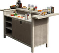 Outdoor Bar Table with Storage, Aluminum & PE Wicker Patio Bar Tables, Outdoor Kitchen Cabinet Furniture Weatherproof, Outside Bars for BBQ Cooking, Farmhouse Buffet with Shelves, Wood Grain