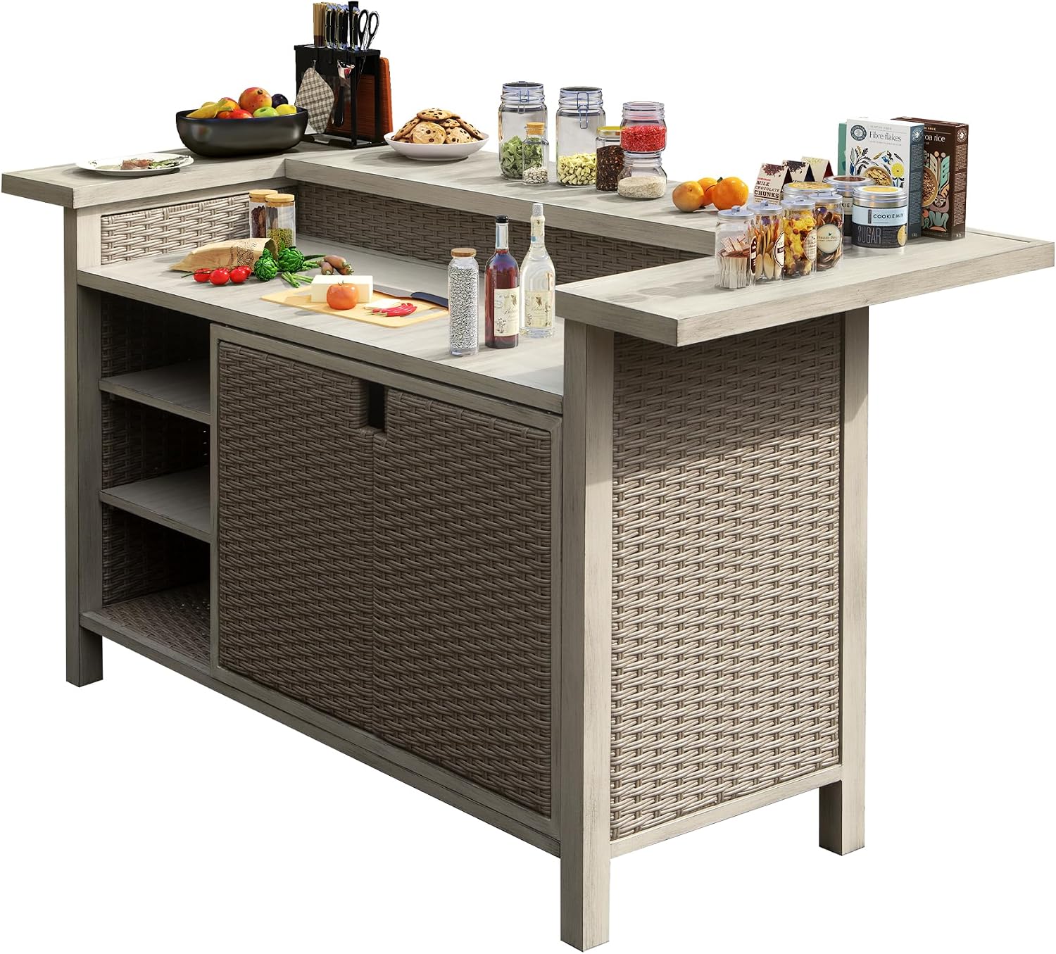 Outdoor Bar Table with Storage, Aluminum & PE Wicker Patio Bar Tables, Outdoor Kitchen Cabinet Furniture Weatherproof, Outside Bars for BBQ Cooking, Farmhouse Buffet with Shelves, Wood Grain