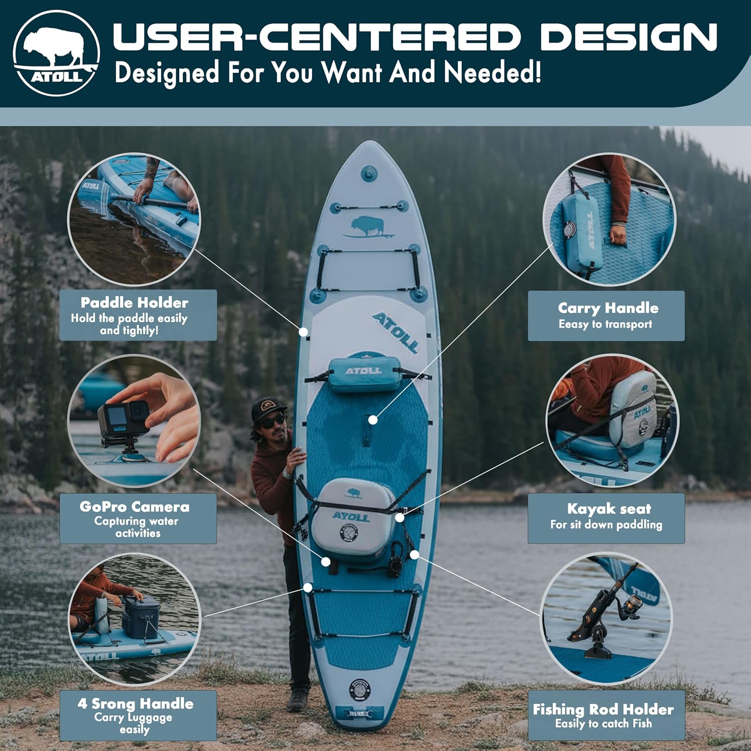 Atoll New 12ft Outrider Inflatable Stand Up Paddle Board | Extra Wide ISUP for Adults, Fishing, Touring & All Adventures | Stable 34' Paddle Board with Accessories, Dual Layer PVC, 400lb Capacity