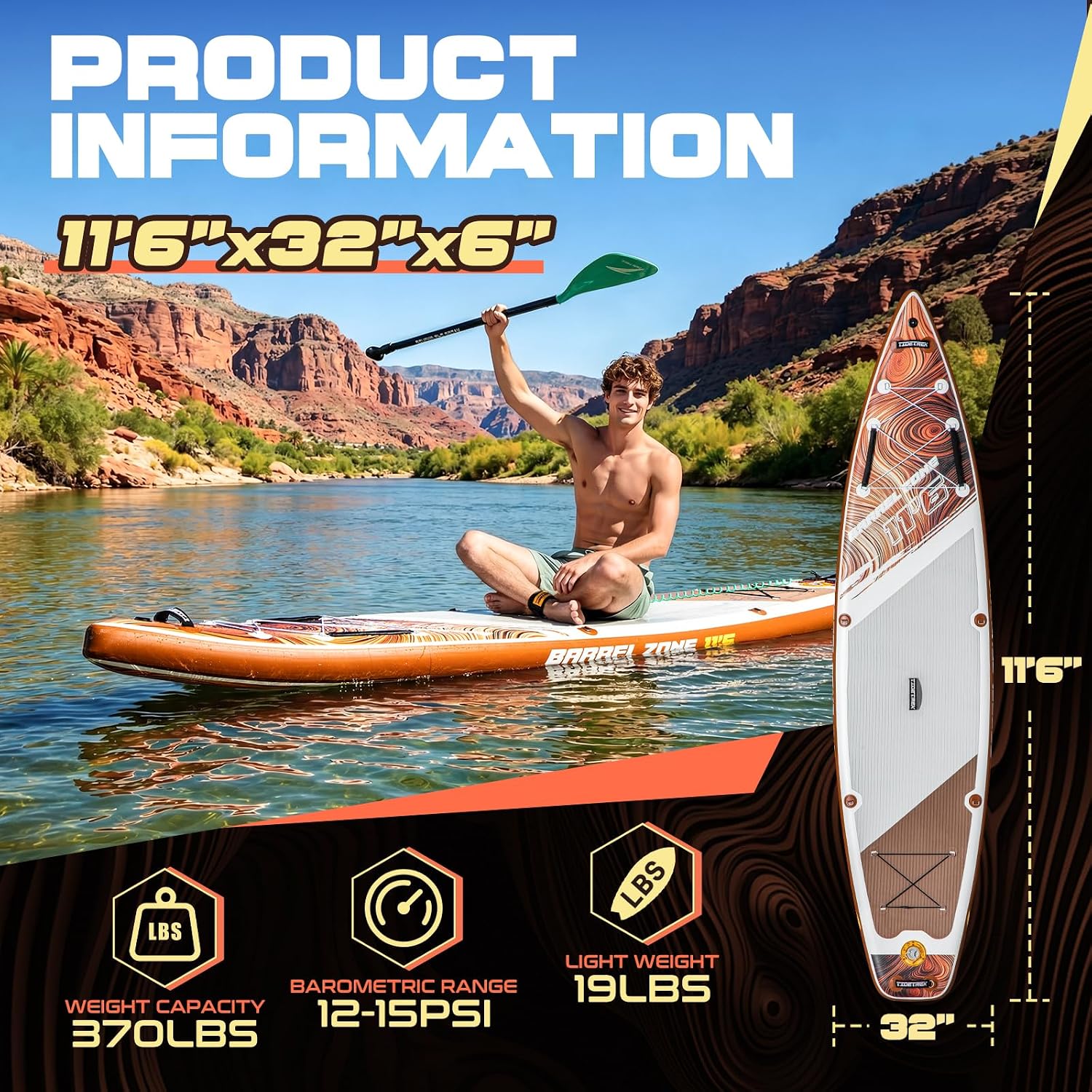11'6' Inflatable Stand Up Paddle Boards, Premium SUP Accessories, Non-Slip Comfort Deck for Youth & Adults