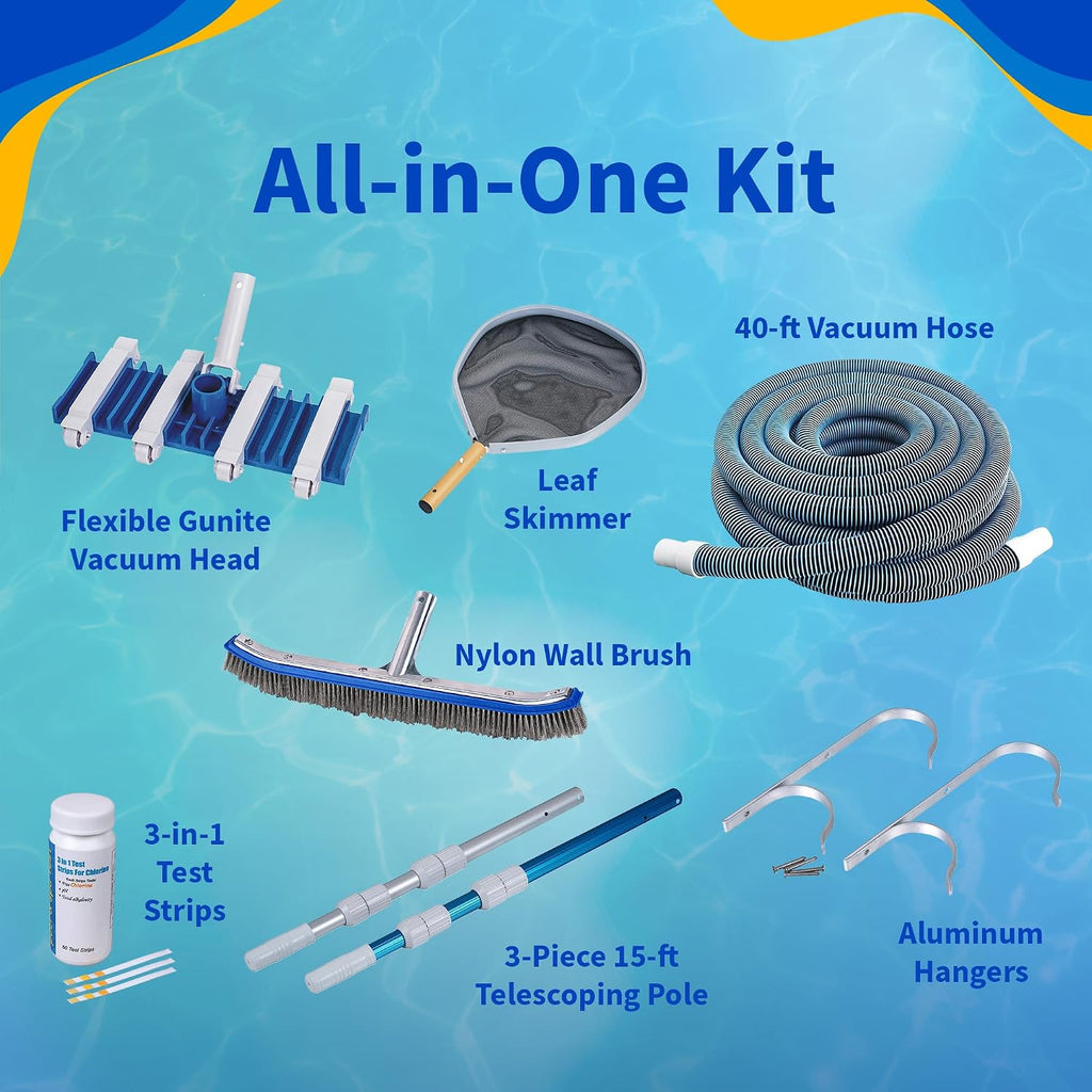 Blue Wave Deluxe Pool Maintenance Kit for In Ground Pool – Includes 15-ft Telepole, 40-ft Vacuum Hose, Leaf Skimmer, Wall Brush, Vacuum Head, Aluminum Hangers and 50 Test Strips