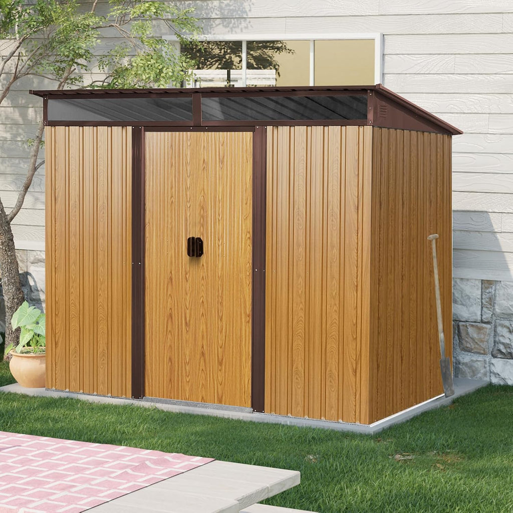 JT 8X6FT Outdoor Storage Shed, Galvanized Metal Garden Shed with Window and Metal Foundation, Tool Storage Shed for Patio Lawn Backyard (Coffee-8ft x 6ft)