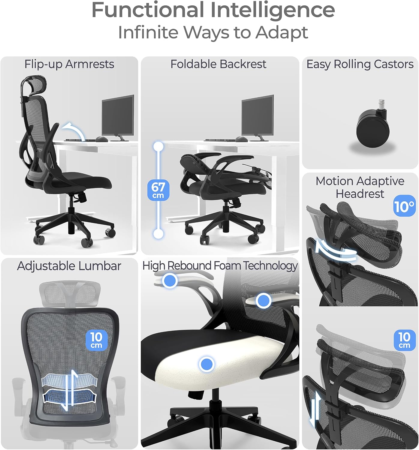 Tervo Model U | Folding Office Chair for Small Spaces | Gaming Chair for Adults & Kids | Ergonomic Mesh Computer Chair for Bedroom | Foldable Desk Chair for Home Work (Midnight Black Headrest)