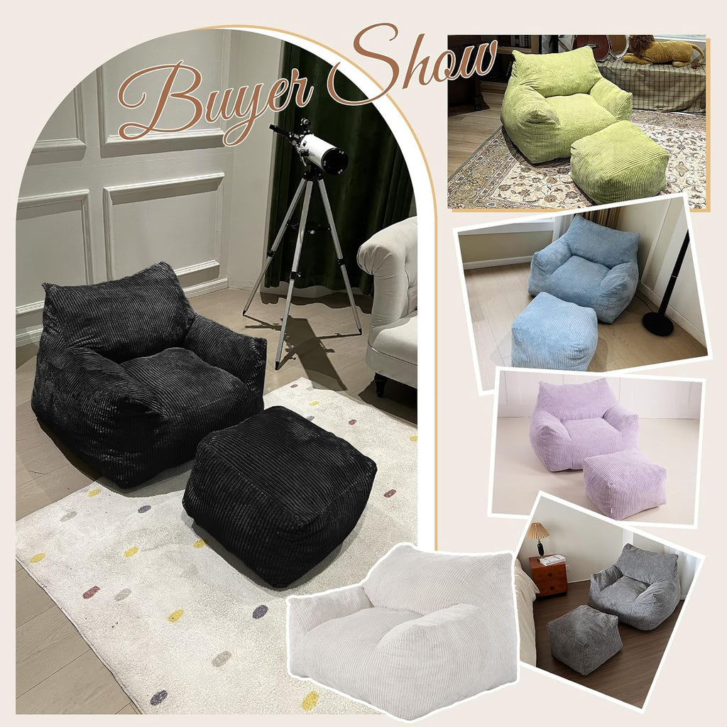 INMOZATA Memory Foam Bean Bag Chair with Ottoman, Oversized Plush Corduroy Cloud Couch, Beanbag Set for Adults & Teens, Comfy Lounge Sofa Gift for Bedroom, Dorm & Reading Nook (Black)