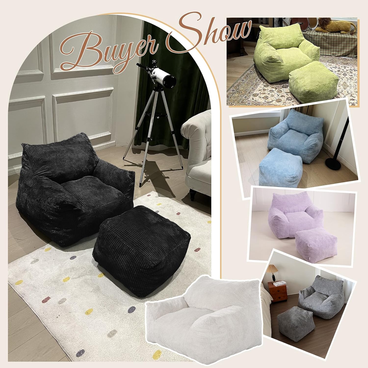 INMOZATA Memory Foam Bean Bag Chair with Ottoman, Oversized Plush Corduroy Cloud Couch, Beanbag Set for Adults & Teens, Comfy Lounge Sofa Gift for Bedroom, Dorm & Reading Nook (Black)