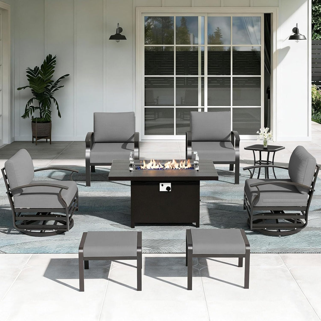 ALAULM Aluminum Patio Furniture Set with Propane Fire Pit Table 6-seat Metal Outdoor Furniture w/Swivel Chairs Patio Sectional Sofas w/5.1' Cushions for Patio, Backyard, Poolside-Grey