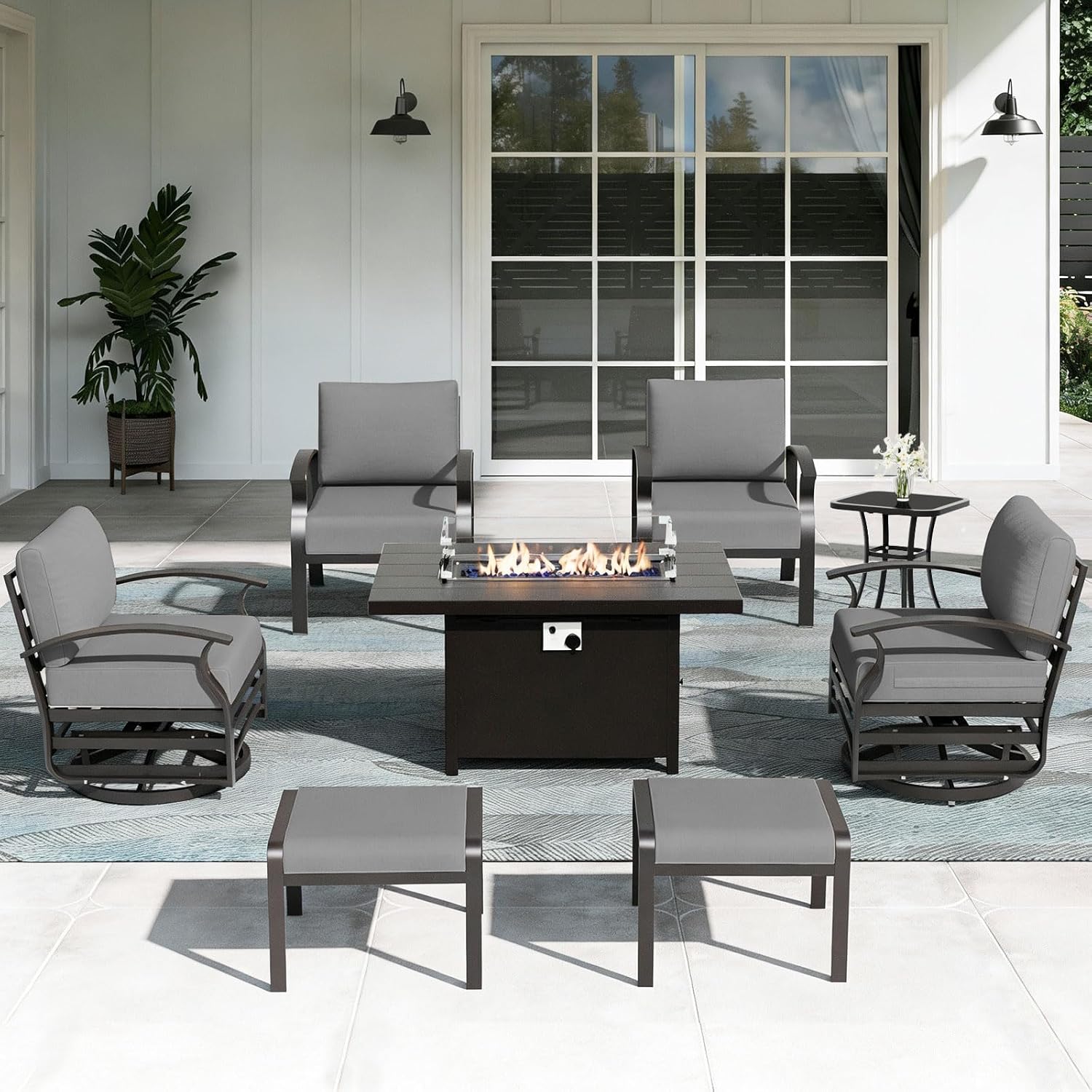 ALAULM Aluminum Patio Furniture Set with Propane Fire Pit Table 6-seat Metal Outdoor Furniture w/Swivel Chairs Patio Sectional Sofas w/5.1' Cushions for Patio, Backyard, Poolside-Grey