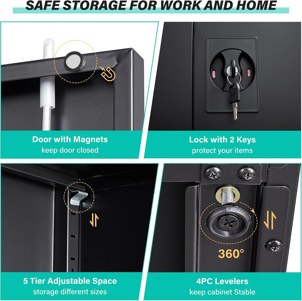 SISESOL Metal Storage Cabinet with 2 Doors and 5 Shelves,71' Lockable Garage Storage Cabinet,Black Metal Cabinets with Lock,Locking Steel Cabinets for Home,Office,Garage,Shop,School