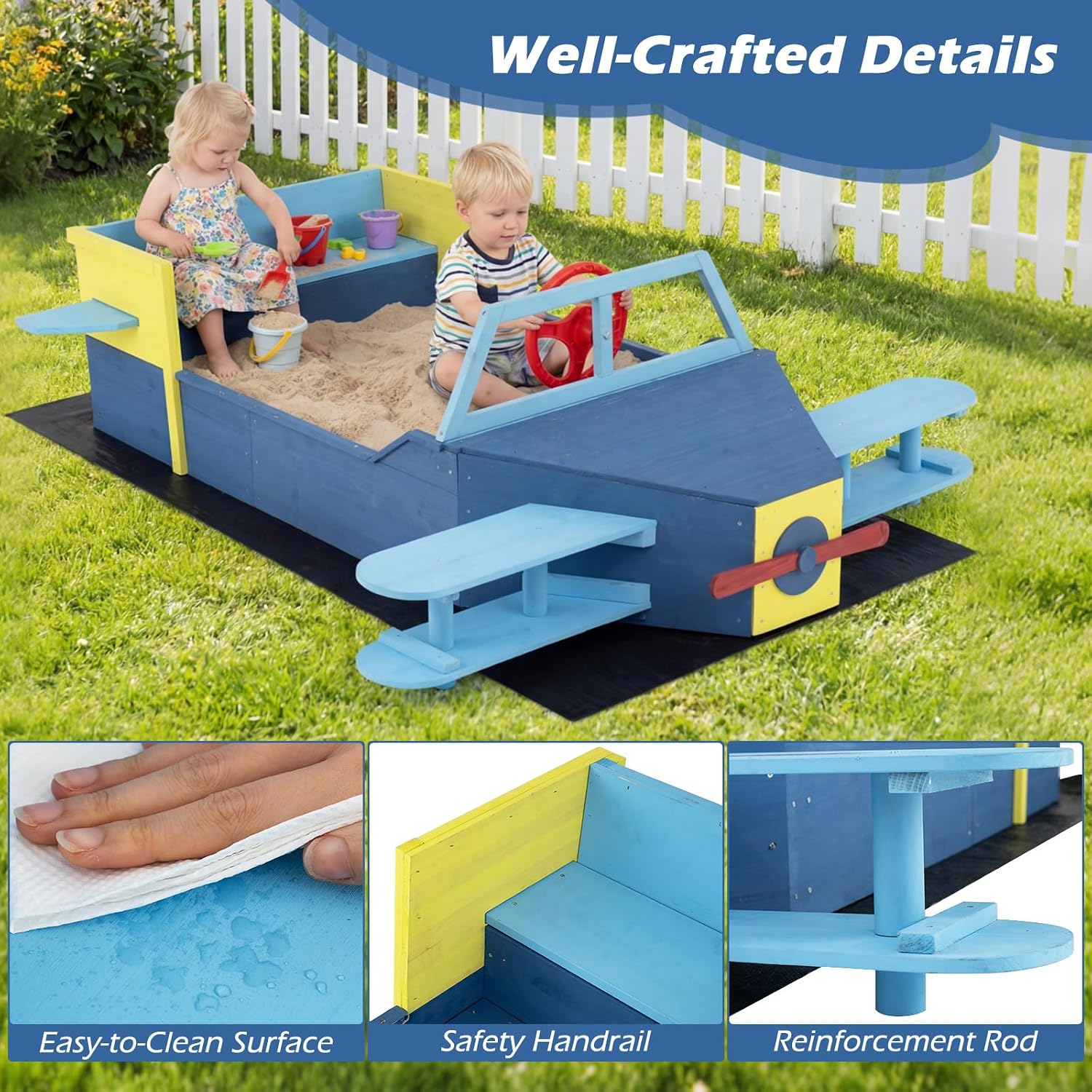 Costzon Sandbox, Fir Wood Glider-Shaped Sand Pit with Bottom Liner, Bench Seat, Propeller, Rotatable Rudder & Side Wings for Kids Boys Girls, Outdoor Playset for Backyard, Beach and Patio
