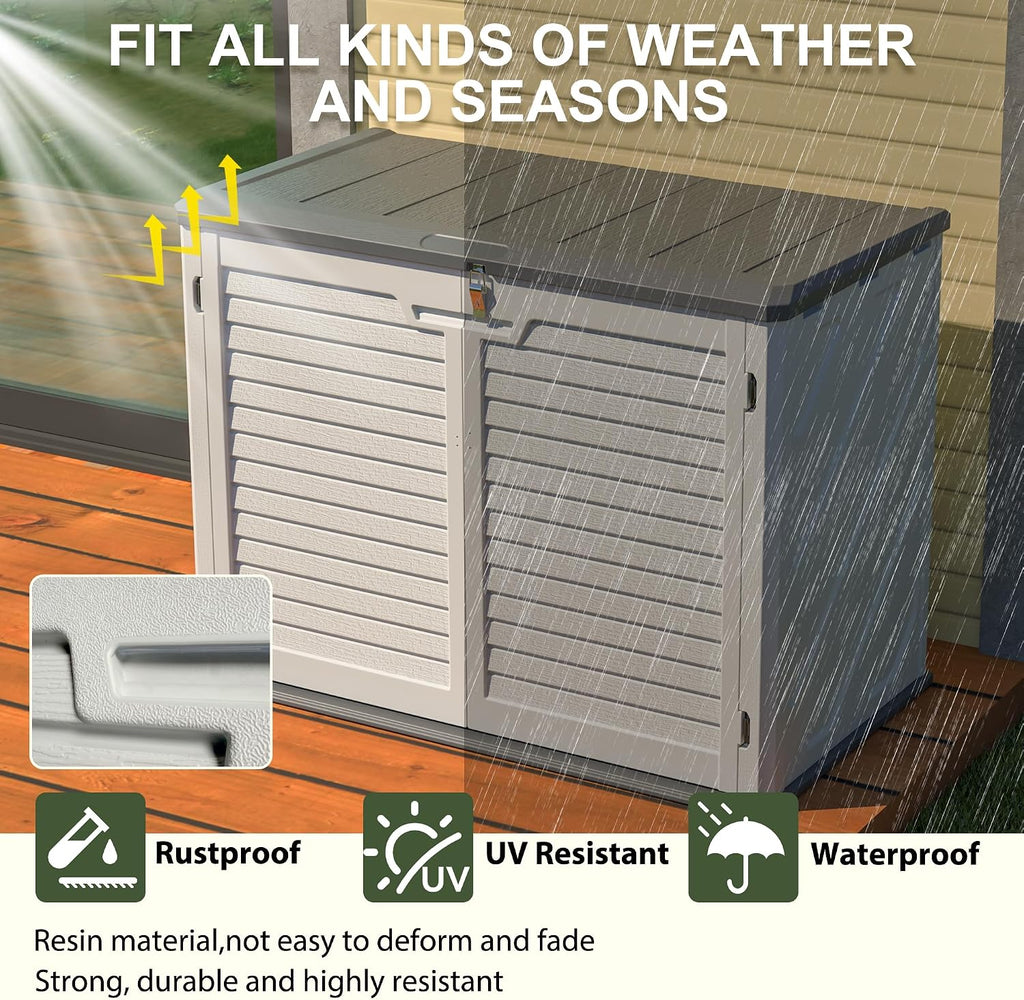 YOPTO Outdoor Storage Shed Horizontal Plastic Shed W/Lockable Cabinet,Weather Resistance Foldable House W/Sloped Roof & Dual-Locking Mechanism,28 Cu.ft Garden Tool House for Backyards,Patio,White